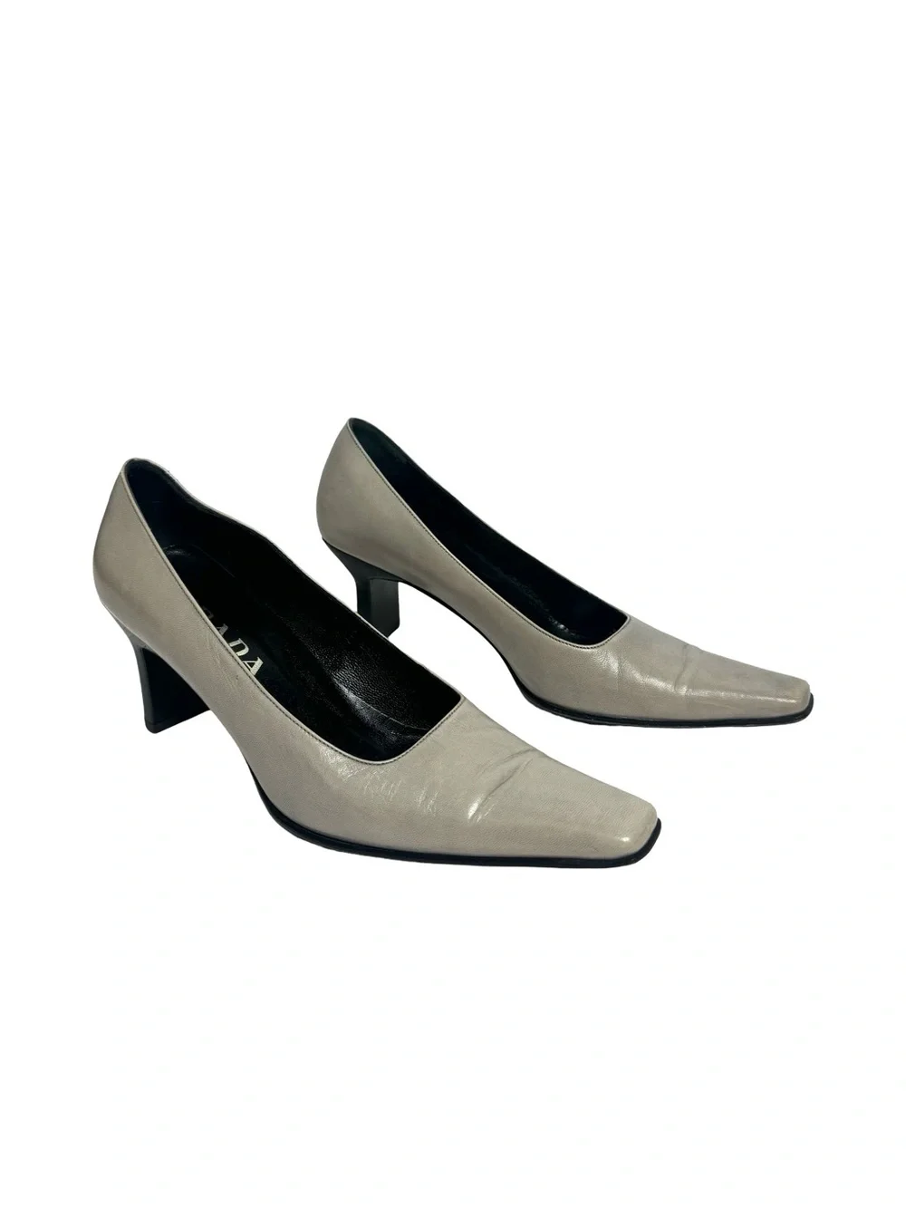 PRADA | Vintage 90s Grey Leather Square Toe Sculptural Block Heel Pump 36